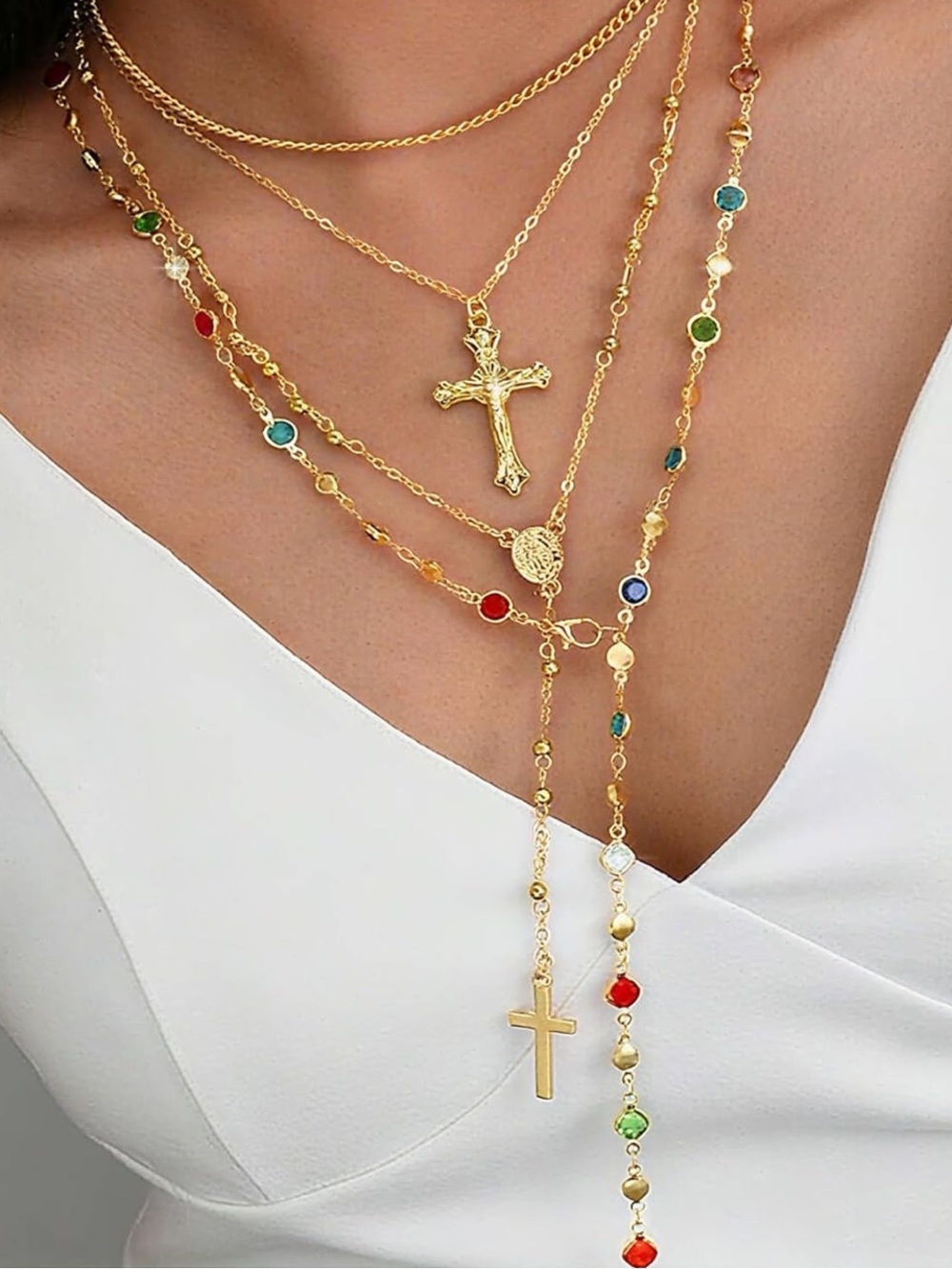 Anthropologie Gold Multi-Layer Cross Necklace with Jewel-Tone Beads